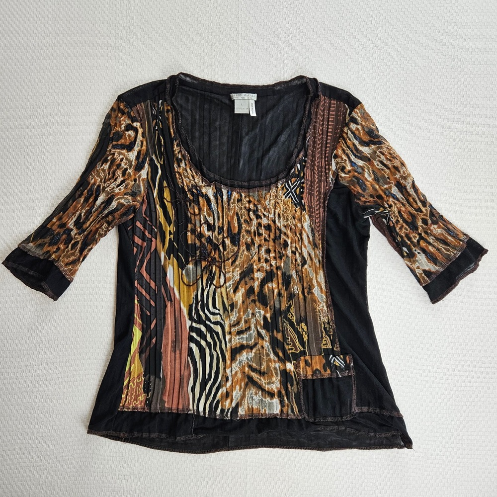 Alberto Makali Women L Sheer Mesh Grunge Fairy 3/4 Sleeve Pleated Top Y2K